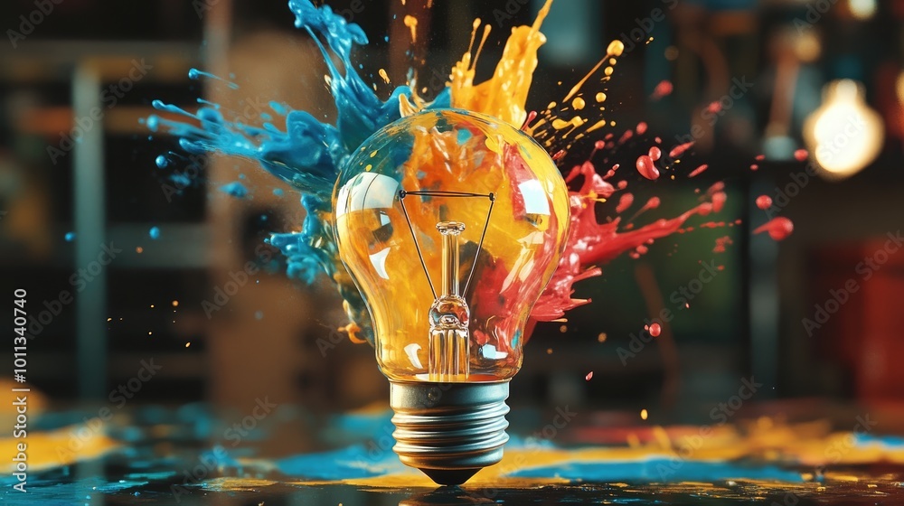 Poster creative explosion of vibrant paint from a light bulb symbolizing new ideas and brainstorming concep