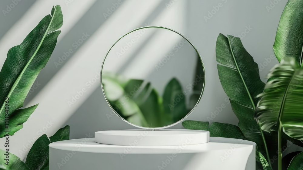 Poster 3d render of a blank white round display stand featuring a clear mirror effect glass shower screen a