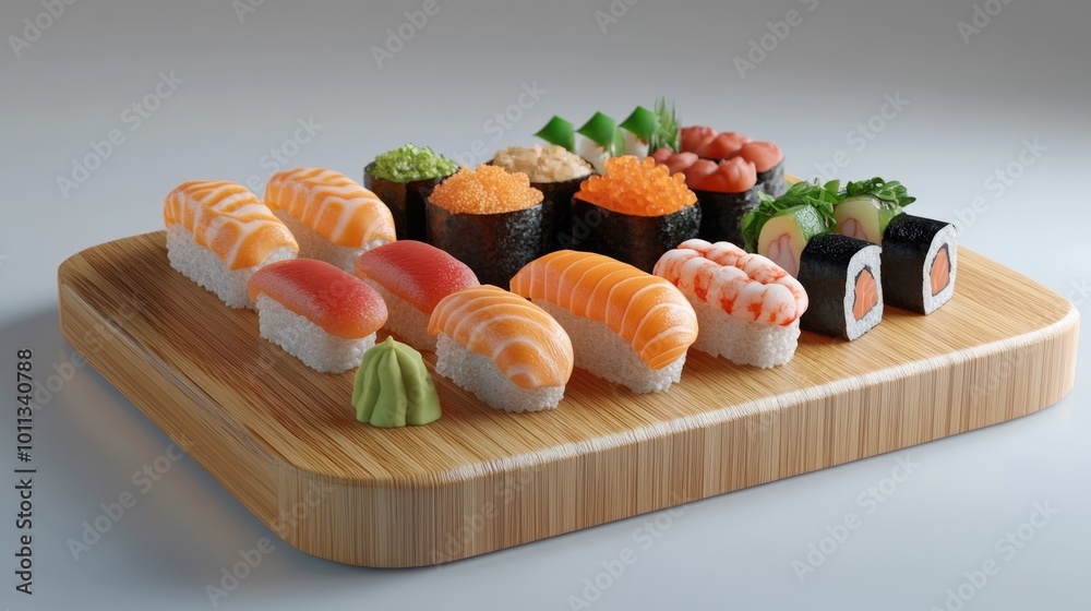 Poster 3D model showcasing an assortment of delicious sushi on a wooden plate Includes various types like tuna crab salmon eel and rolls