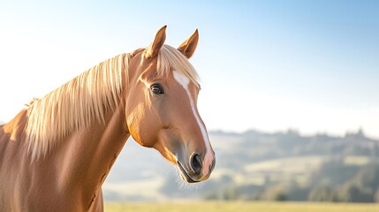 Fototapeta premium An elegant close-up of a charming horse standing majestically in a sun-drenched field, its mane gently blowing in the breeze. The blurred background of rolling hills and a clear blue sky creates