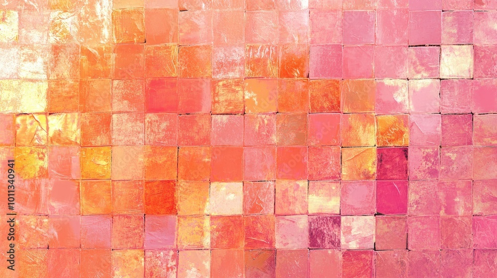 Poster abstract grunge texture featuring peach fuzz and orange pink hues resembling a mosaic tile mirror wa