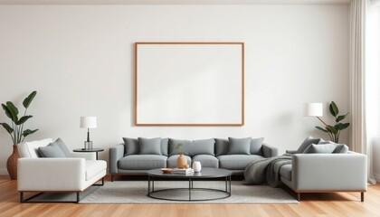 Serene modern living room exhibits minimalist elegance, featuring sleek lines and a harmonious blend of neutral tones accentuated by natural light.