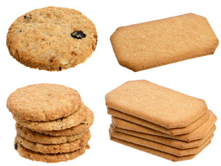 Round cookies with oatmeal and dried fruits, and rectangular shortbread cookies with cinnamon and sugar