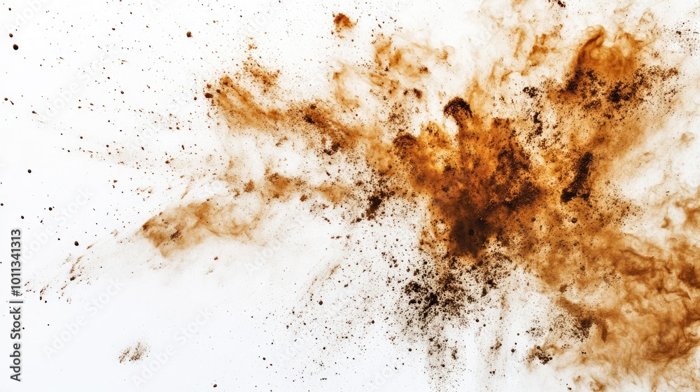 Poster A vibrant explosion of brown dust forms striking patterns on a white backdrop ideal for a range of creative endeavors