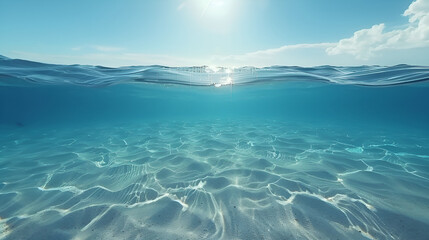 A serene landscape of blue sea meeting the sky with mountains in the background, capturing the essence of nature on a sunny day