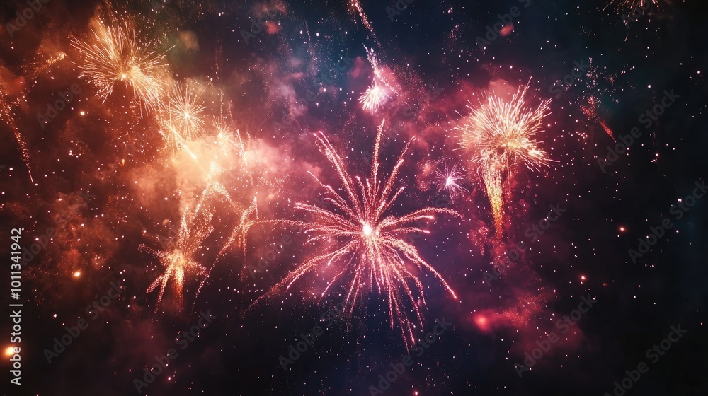 Poster Festive background banner for the New Year featuring a panoramic view of vibrant fireworks against a rustic dark night texture with space for text