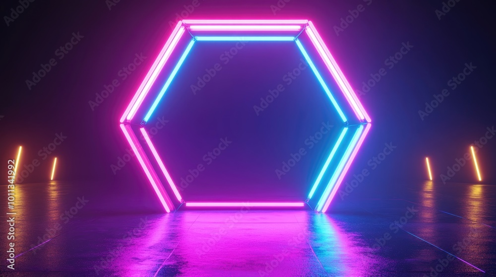 Aufkleber 3D render of a hexagonal frame in blue and pink neon creating an empty space illuminated by ultraviolet light evoking an abstract 80 s retro style for a fashion show stage backdrop
