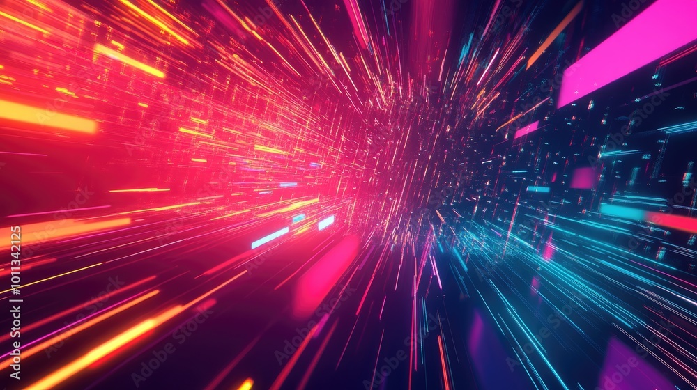 Poster abstract glowing straight lines on a vibrant background in a dark setting