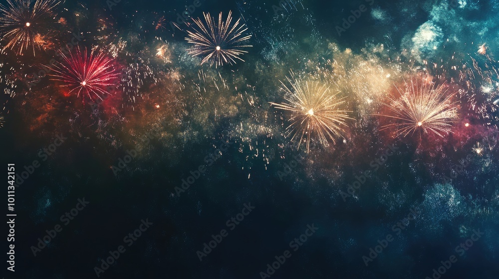Aufkleber Festive background banner for the New Year featuring a panoramic view of vibrant fireworks against a rustic dark night texture with space for text