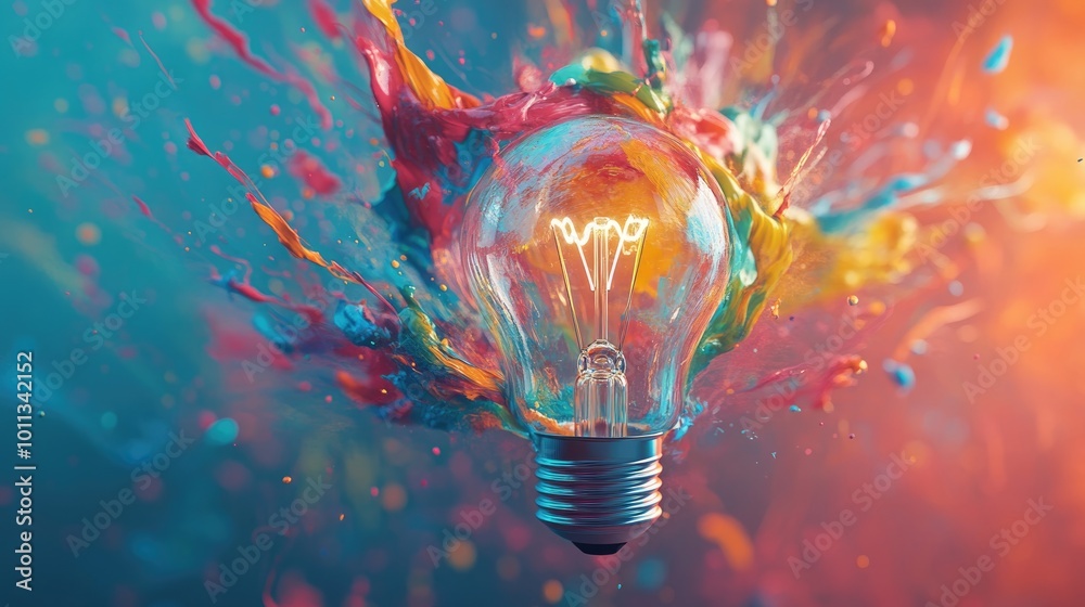 Poster Creative explosion of vibrant paint from a light bulb symbolizing new ideas and brainstorming concepts