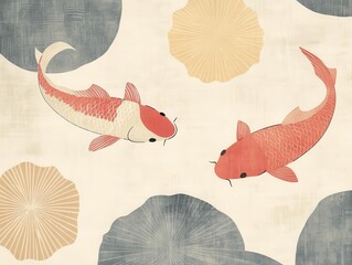 A 1960s Japanese graphic designinspired image featuring koi fish swimming in a stylized pond, with minimalistic patterns and muted colors for a vintage feel