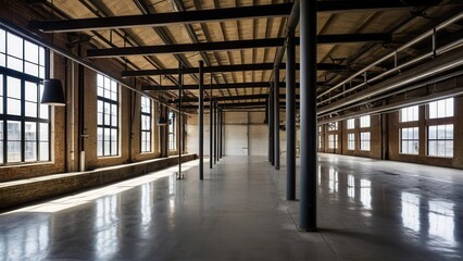 Renovated industrial interior with an open layout, steel columns, and large windows. Ideal for showcasing factory conversions, modern architecture, and urban redevelopment themes.