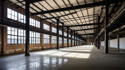 Renovated industrial interior with an open layout, steel columns, and large windows. Ideal for showcasing factory conversions, modern architecture, and urban redevelopment themes.