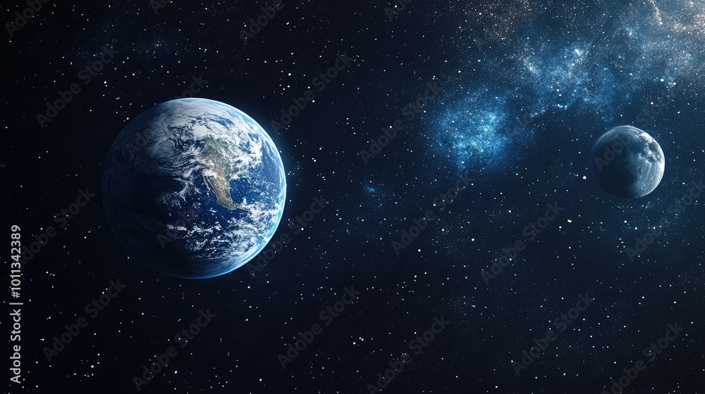 Poster earth and its moon depicted in the vastness of deep space