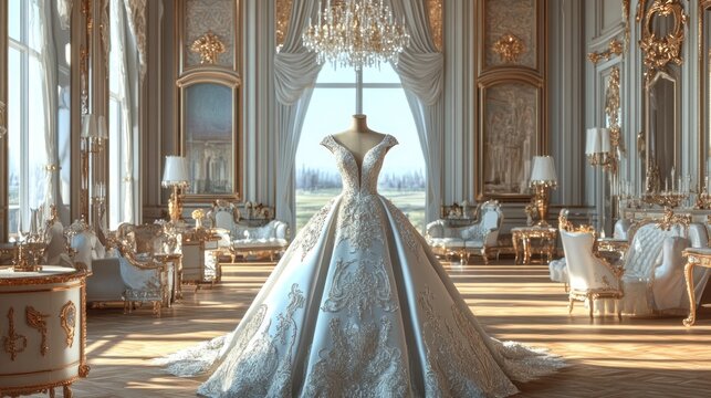 A luxurious ball gown on a mannequin in a grand ballroom with large windows, ornate furniture, and a chandelier.