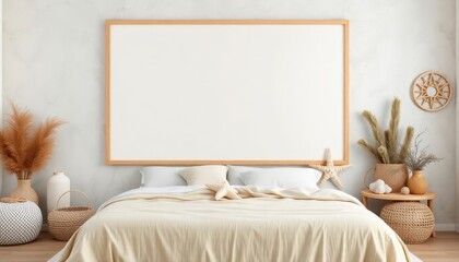 Serene boho bedroom adorned with earthy hues and natural textures, creating a tranquil, inviting atmosphere for restful nights.