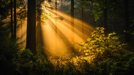 Obraz premium Mystical forest with towering trees, glowing plants, and soft golden light filtering through thick foliage. Generative AI