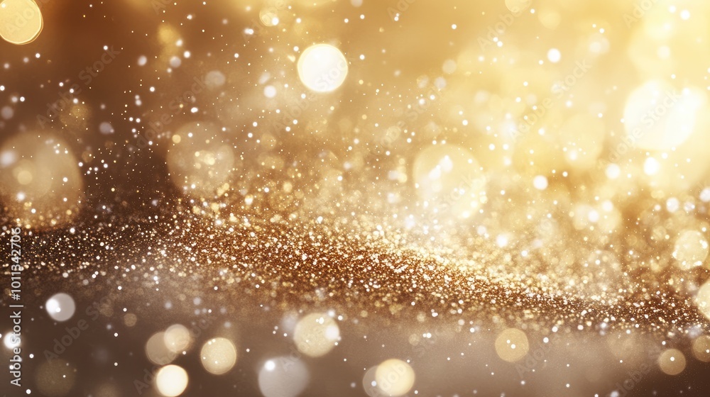 Poster Abstract shimmering gold bokeh background with glitters and ample white space for text