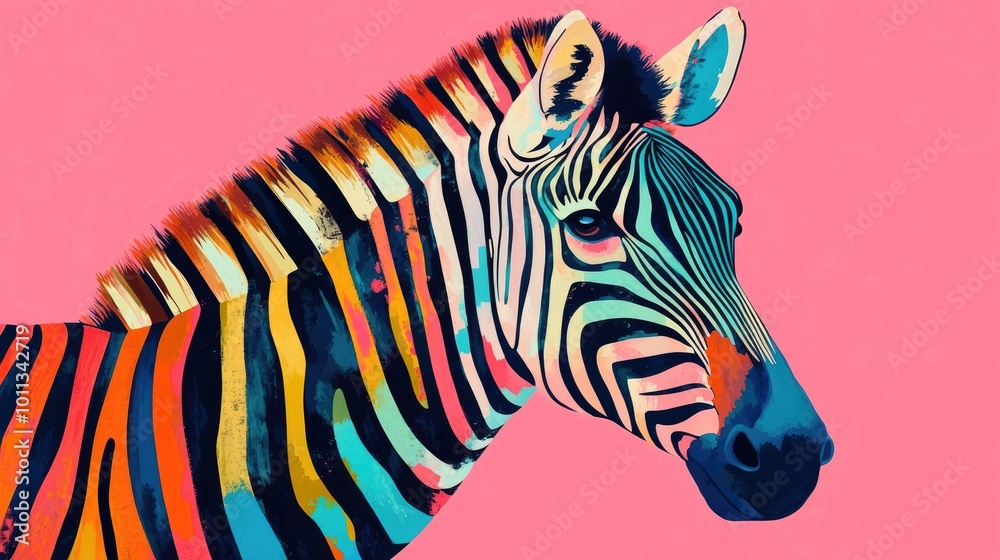 Poster colorful zebra against a pink backdrop featuring a memphis style with a contemporary design