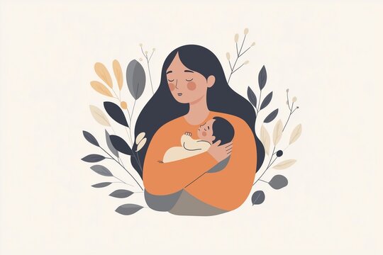 A flat illustration highlighting the theme of postnatal depression awareness, featuring soothing colors and relatable imagery to promote understanding and support for new mothers