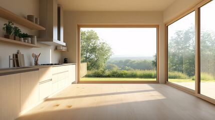Obraz premium Minimalist kitchen with a simple layout, featuring open windows that bring in abundant natural light. The space is clean and modern, with light wood flooring and neutral decor