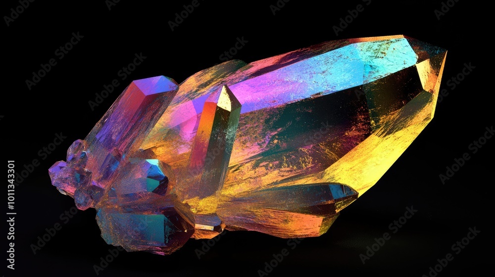 Poster abstract 3d rainbow crystal gem with a crystallized shape set against a black background
