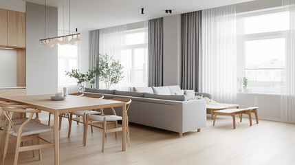 Fototapeta premium Minimalist living and dining area in an open-plan layout, featuring Scandinavian-style furniture. Light wood dining table, gray couch, and large windows with sheer curtains