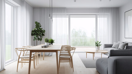 Fototapeta premium Minimalist living and dining area in an open-plan layout, featuring Scandinavian-style furniture. Light wood dining table, gray couch, and large windows with sheer curtains