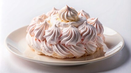 A pink meringue cake with whipped cream on a white plate.