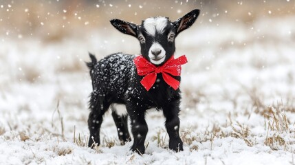A cute black and white goat stands playfully in the snow. Dressed with a vibrant red bow, it embodies winter cheer. Ideal for festive themes, animal lovers, and joyful moments. AI