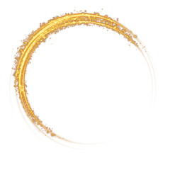 Magical fantasy portal. Round light frame, with fine dust particles, futuristic teleporter. Golden neon lights illuminate night scene with sparkles. Lighting effect. Golden round holograms with beams 