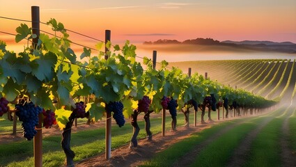 Fototapeta premium A vineyard landscape at sunset, with rows of grapevines stretching into the distance, lush with ripe grapes ready for harvest.