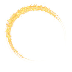 Magical fantasy portal. Round light frame, with fine dust particles, futuristic teleporter. Golden neon lights illuminate night scene with sparkles. Lighting effect. Golden round holograms with beams 