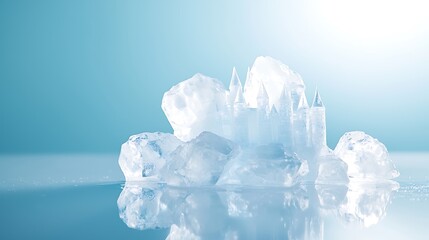 Obraz premium Detailed ice carving of a castle shining under bright lights, perfect for an advertisement poster, with room for copy text, deep depth of field, Product photography with high resolution, studio