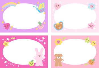 Pastel frames with butterfly, teddy bear, bunny, puppy, apple, flower for polaroid frame, banner, back to school, template, social media post, post card, name tag, sticker, zoo, souvenir shop, animal