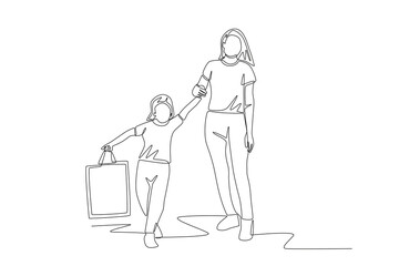 Mother and daughter shopping. Shopping with family concept one-line drawing