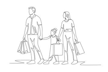 Family shopping. Shopping with family concept one-line drawing