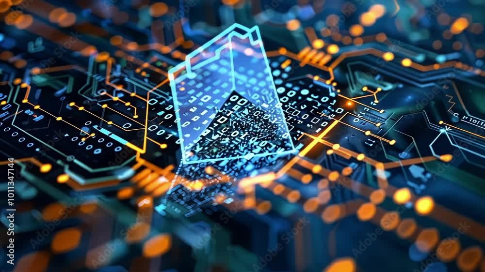 Poster digital padlock is appearing over a circuit board with data flowing through it, symbolizing cybersec