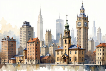 Obraz premium Watercolor painting of trinity church and lower manhattan skyline, new york city