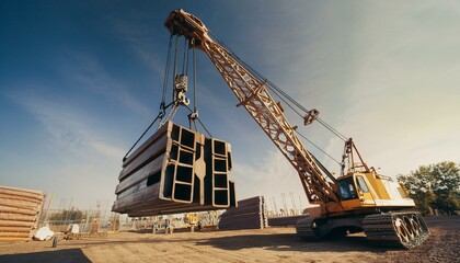 A close-up of a large industrial crane lifting heavy metal beams at a construction site, showcasing the power and precision of heavy machinery.