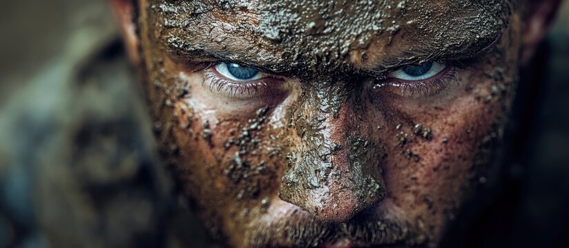 Close-up portrait of a man covered in mud, looking directly at the camera with intense blue eyes.