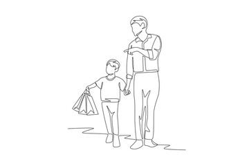 Father and son shopping. Shopping with family concept one-line drawing