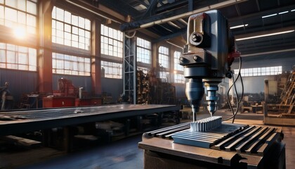 A powerful heavy-duty drilling machine in a metal workshop, featuring sharp drill bits and rotating gears. Ideal for industrial, mechanical, and engineering settings, showcasing precision and strength