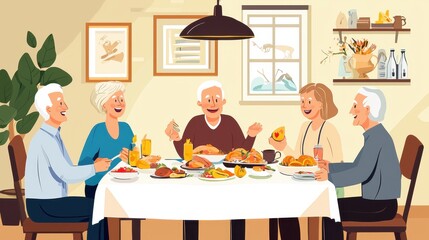 Elderly couples sharing a meal at a dining table, laughter, and food spread, warm family gathering atmosphere.