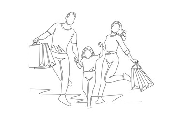 Family shopping. Shopping with family concept one-line drawing