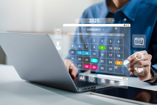 2025 Event planner timetable agenda plan on schedule event. Businessman checking planner on virtual screen, Taking note, Calendar event plan, work planning, Time management. Reminder appointment.