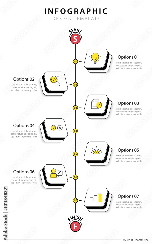 Wall mural timeline infographic template. 7 step timeline journey, calendar flat simple infographics design tem