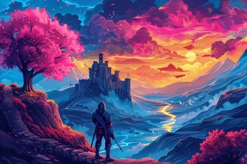 Fototapeta premium A whimsical scene of an ancient warrior in enchanted armor, defending a magical fortress in a fantasy landscape, Fantasy, Pop Art