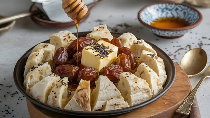 A serving of Southern Yemeni Areeka, a mix of mashed dates and bread in a large, flat dish, topped with honey, butter, and sprinkled with black sesame seeds and cinnamon for enhanced presentation.



