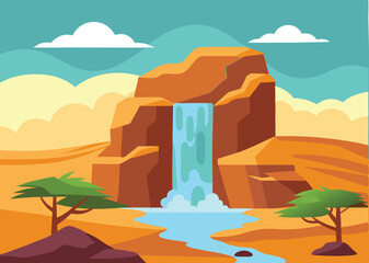 Waterfall in rocks. African acacia in desert. Landscape with rocks and river among stones. Water is flowing. Splashes are pouring. Cartoon fun style. Flat design. Vector .